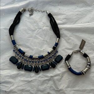 NWT Chico's Navy Blue and Black Statement Necklace with Matching Bracelet